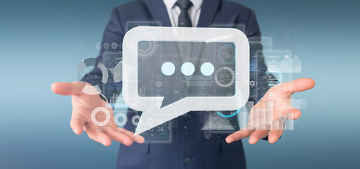 Poster - View of a Businessman holding a message icon with data in background - 3d rendering
