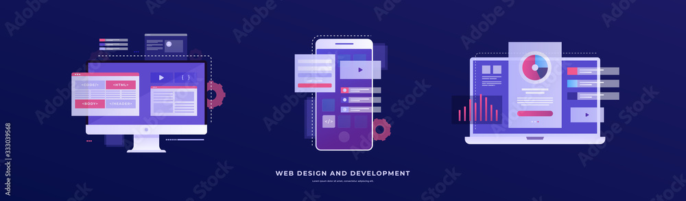 Set of vector illustrations on the theme of web design and development. Smartphone, laptop, and monitor with interface elements on a blue background. Mobile app development concept. - obrazy, fototapety, plakaty 