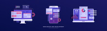 Set Of Vector Illustrations On The Theme Of Web Design And Development. Smartphone, Laptop, And Monitor With Interface Elements On A Blue Background. Mobile App Development Concept.