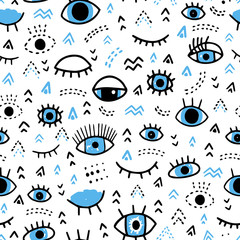 Seamless vector pattern with open and closed eyes and geometric shapes in hand drawn doodle style