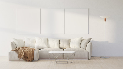 Poster - Living room with a white couch, table, floor lamp and mockup pictures. 3D render illustration.