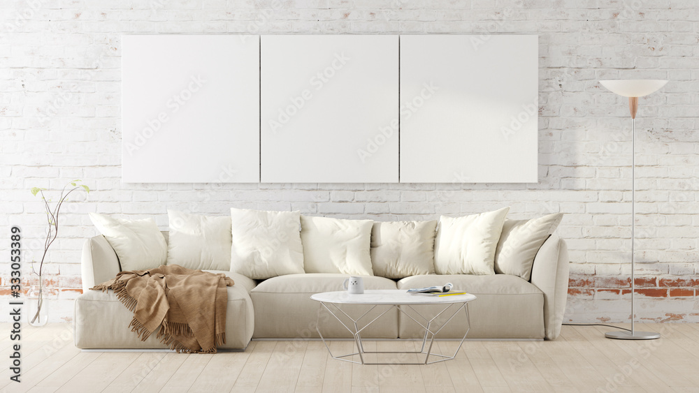 Living room with a white couch, table, floor lamp and mockup pictures. 3D render illustration. - obrazy, fototapety, plakaty 
