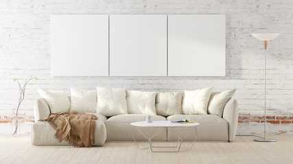 Poster - Living room with a white couch, table, floor lamp and mockup pictures. 3D render illustration.