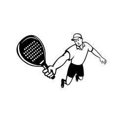 Wall Mural - Mascot icon illustration of a padel player, a racquet sport with stringless racket jumping viewed from front on isolated white background in retro style.