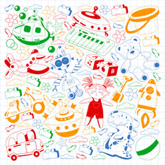 Vector set with toys icons. Pattern for kindergarten, little children. Kids playing.