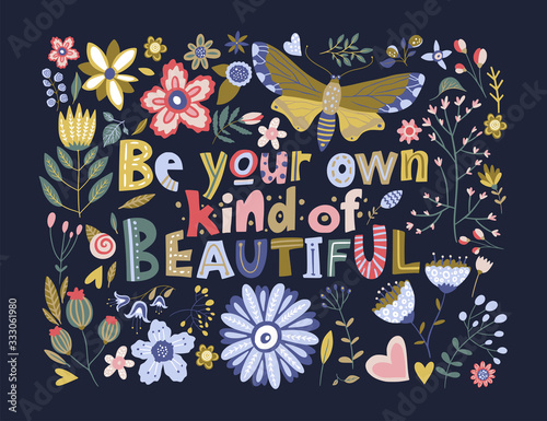 Floral color vector lettering card in a flat style Poster Mural XXL