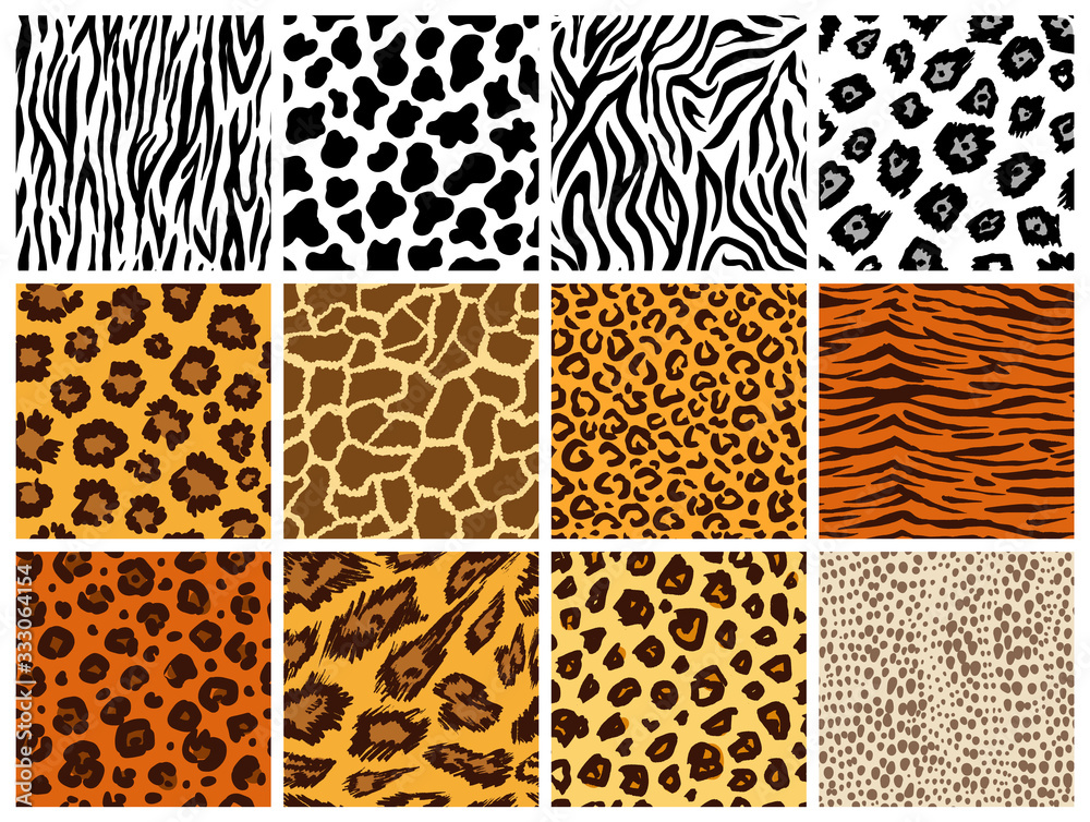 Animal seamless pattern set. Mammals Fur. Collection of print skins. Predators Camouflage. Cheetah Giraffe Zebra Leopard Holstein cattle Snake Jaguar. Printable Background. Vector illustration. - obrazy, fototapety, plakaty 
