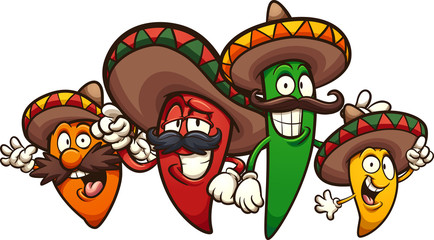 Wall Mural - Mexican chili peppers of different colors and sizes. Vector cartoon clip art illustration with simple gradients. Each on a separate layer.