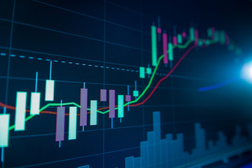 Blue Stock Exchange Market trading graph on screen monitor for economic and financial investment. Business analysis chart display. Stock invest infomation.