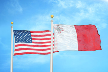 United States and Malta two flags on flagpoles and blue cloudy sky