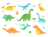 Fototapeta  - Cute dinosaur set for kids, baby clipart design. Colorful dino of hand drawn style. Vector illustration of dinosaurs isolated on background.