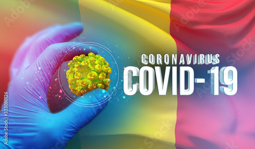 Fotomural Coronavirus COVID-19 outbreak concept, health threatening virus, background waving national flag of Mali