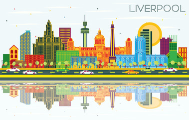 Wall Mural - Liverpool UK City Skyline with Color Buildings, Blue Sky and Reflections.
