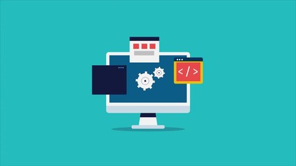Software development, programming, coding, web application technology concept. 2d animation, video concept.