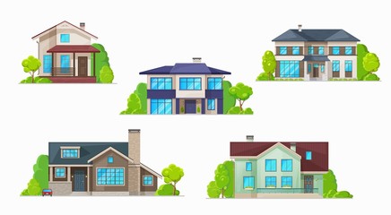 Wall Mural - Real estate building vector icons of residential houses, homes and cottages, bungalows, townhouses, villas and mansions. Village and town two storey houses with doors, windows, roofs and chimneys