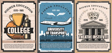 Higher Education Vector Design With University Of Transport, College Of Sport And Theatre Institute Retro Posters. University Building, Airplane, Ball And Winner Trophy Cup, Comedy And Tragedy Masks