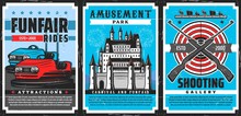 Amusement Park Rides, Shooting Gallery, Carnival And Funfair Castle Vector Design Of Entertainment Industry. Amusement Park Attractions Poster With Fairground Bumper Cars, Pellet Guns, Targets, Palace