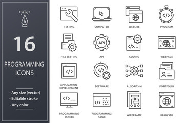 Aufkleber - Programming line icons set. Black vector illustration. Editable stroke.