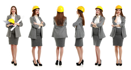 Collage with female engineer on white background