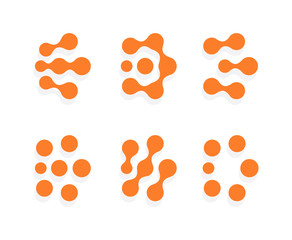 Poster - Abstract dots shape, different orange circles logos set. Dotted logo template, flat emblem. Concept logotype design for business, science and tech. Vector logo.
