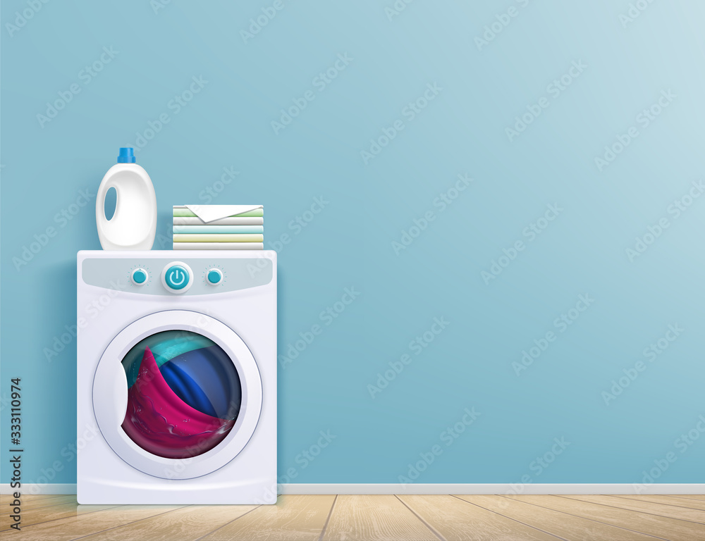 Washing machine in the room in front of the wall. - obrazy, fototapety, plakaty 