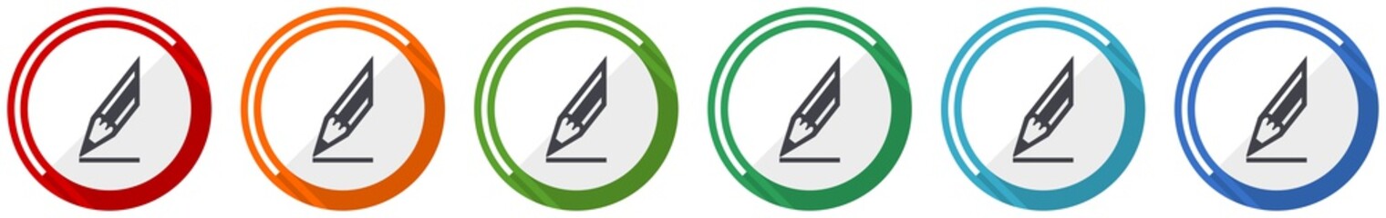 Aufkleber - Pencil icon set, flat design vector illustration in 6 colors options for webdesign and mobile applications