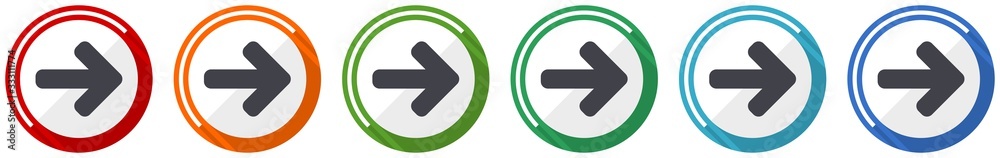 Right arrow icon set, next flat design vector illustration in 6 colors ...