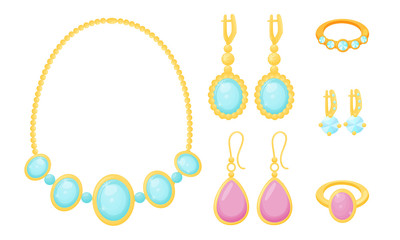 Wall Mural - Necklace and Earrings with Gemstones Vector Set. Accessories for Women