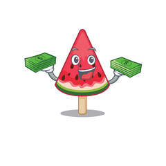 Wall Mural - happy face watermelon ice cream character having money on hands