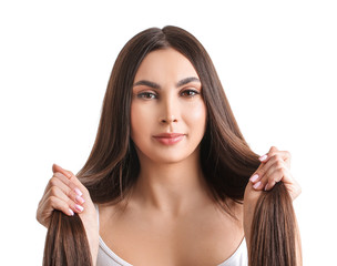  Young woman with beautiful straight hair on white background