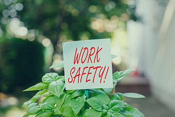 Poster - Writing note showing Work Safety. Business concept for policies and procedures in place to ensure health of employees Plain paper attached to stick and placed in the grassy land