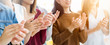 Portrait of partners clapping hands in business seminar. Professional education, work meeting, presentation or coaching concept. Closeup hands in group of conference people background banner