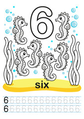 Coloring worksheet for kindergarten and preschool. Exercises for writing numbers. Funny fishes, crabs, jellyfish, seashells, octopus, other marine life, plants, corals on the sea background. Number 6