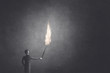 illustration of a man holding fire torch in the darkness