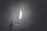 Fototapeta  - illustration of a man holding fire torch in the darkness