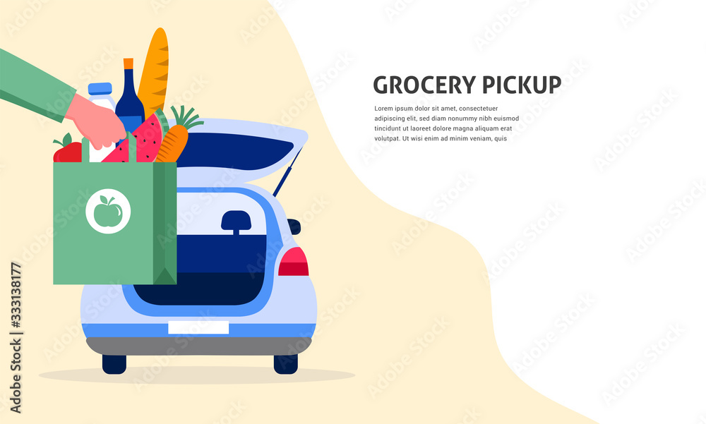 Food delivery service concept, online order tracking. Warehouse, truck and scooter courier, with a delivery man in a respirator mask. Vector illustration - obrazy, fototapety, plakaty 