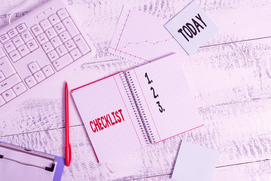 Handwriting text writing Checklist. Conceptual photo list items required things be done or points considered Wood desk office appliance computer equipaments chart numbers paper slot