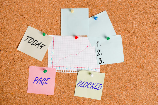Handwriting text Page Blocked. Conceptual photo Users are prevented from being accessed or used the webpage Corkboard color size paper pin thumbtack tack sheet billboard notice board