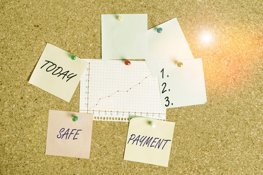 Handwriting text Safe Payment. Conceptual photo webpage where credit card numbers are entered is secured Corkboard color size paper pin thumbtack tack sheet billboard notice board
