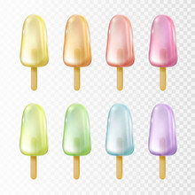 Lolly Set Isolated On Transparent Background. Realistic Different Flavors Freeze Juice On Sticks. Vector Popsicle Or Candy Template..