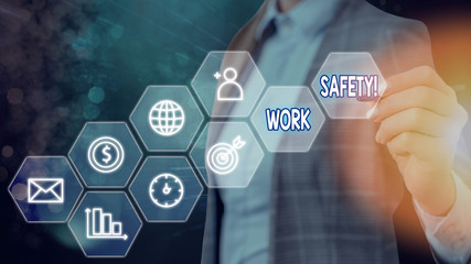 Poster - Text sign showing Work Safety. Business photo text policies and procedures in place to ensure health of employees