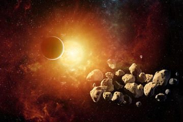 Wall Mural - planets round the sun in the Solar system with asteroids in the colorful starry universe Elements of this image furnished by NASA