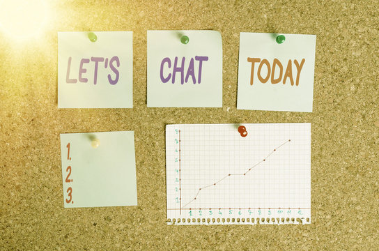 Handwriting text writing Lets Is Chat. Conceptual photo inviting the demonstrating to have informal conversation with you Corkboard color size paper pin thumbtack tack sheet billboard notice board