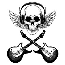 Vector Skull. King Of Rock Music. Heavy Metal Symbol With Wings.