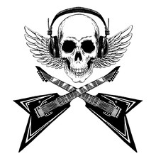 Vector Skull. King Of Rock Music. Heavy Metal Symbol With Wings.