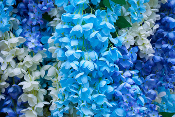 artificial blue flowers background,the arch is decorated with delicate white flowers and blue artificial flowers