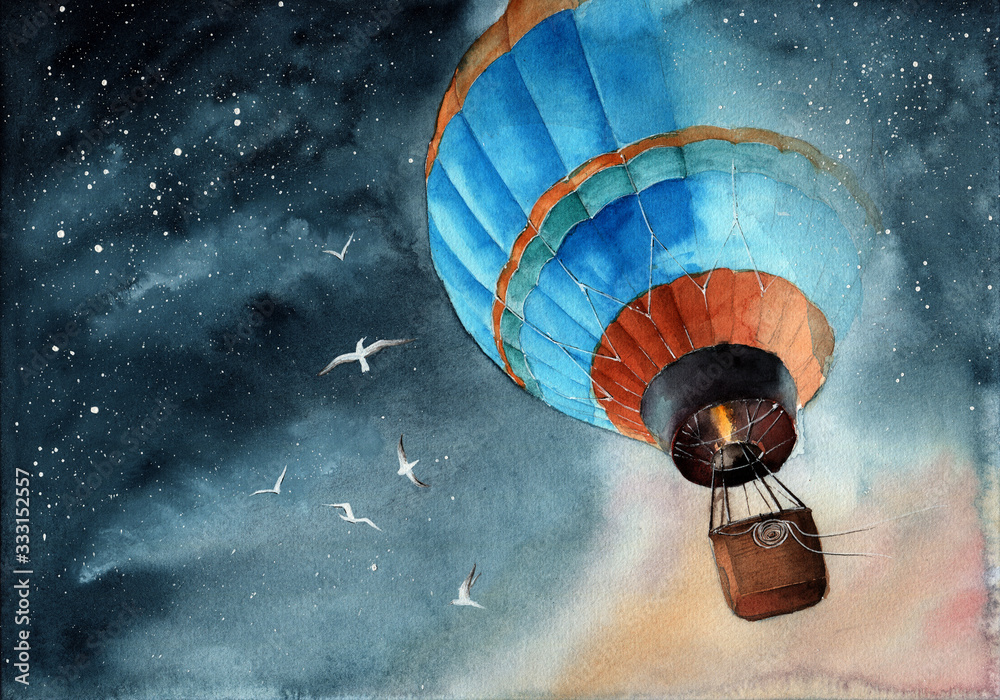 Watercolor illustration of a blue air balloon in starry night sky with ...