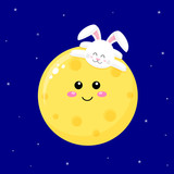 Fototapeta Kosmos - Cute cartoon bunny on the moon. Moon viewing festival. Illustration for kids birthday party, baby shower, greeting card, banner.