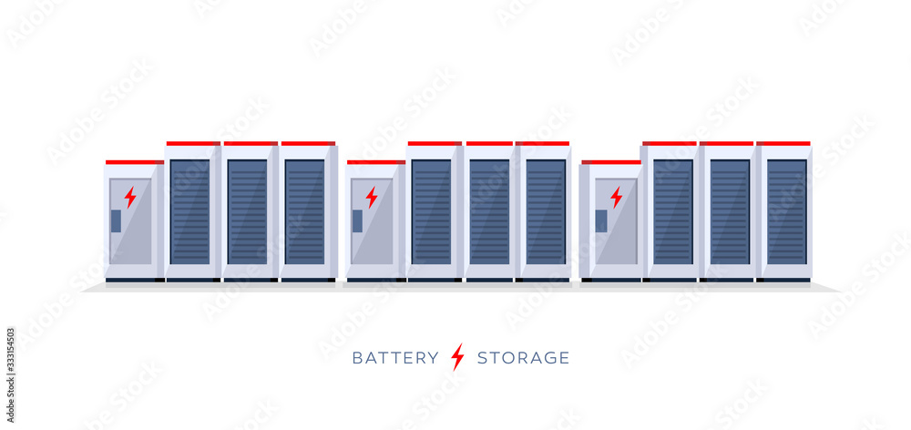 Vector illustration of large rechargeable lithium-ion battery energy storage stationary for renewable electric power station generation. Backup power energy storage cloud system on white background. - obrazy, fototapety, plakaty 