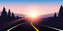 Asphalt Highway In A Forest At Sunrise Purple Travel Landscape Vector Illustration EPS10